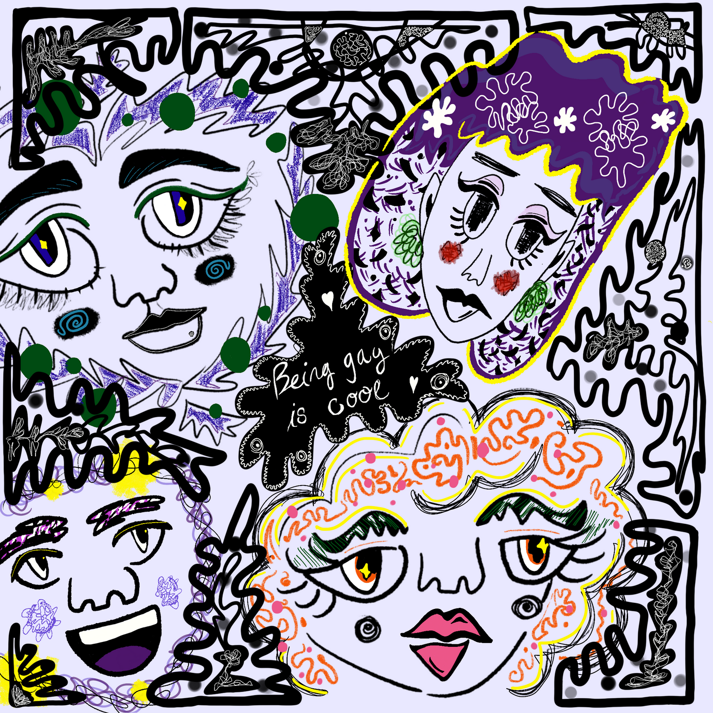 Full view of abstract art print with the words "being gay is cool" nestled in the center.